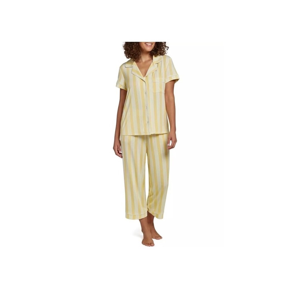 LOFT Notch Collar Capri Short Sleeve Button Sleep Set Size Small Yellow Stripe